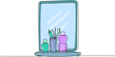 Continuous one line drawing dental and oral cleaning supplies such as toothbrush, toothpaste, and mouthwash in bathroom sink. Teeth care concept. Single line draw design graphic illustration png