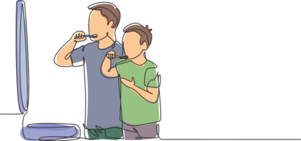 Single one line drawing smiling father and son holding toothbrushes and looking at mirror in bathroom. Habits for health of mouth and teeth. Continuous line draw design graphic illustration png