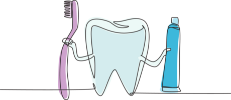 kontinuierlich einer Linie Zeichnung Riese Zahn halten Zahnbürste im einer Hand und Zahnpasta im das andere. Symbol oder Logo Dental Klinik, Oral Pflege Center. Single Linie zeichnen Design Grafik Illustration png