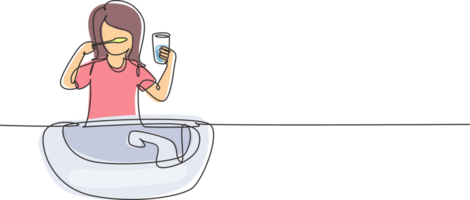 Single continuous line drawing girl brushing her teeth in sink. Routine habits every morning for cleanliness, health, and freshness of mouth and teeth. One line draw graphic design illustration png