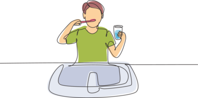 Single continuous line drawing man brushing his teeth in sink. Routine habits every morning for cleanliness, health, and freshness of mouth and teeth. One line draw graphic design illustration png