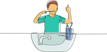 Single one line drawing man brushing his teeth with thumbs up gesture. Routine habits for cleanliness, health, freshness of mouth and teeth. Continuous line draw design graphic illustration png