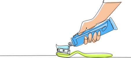 Célibataire continu ligne dessin brossage dents. brosse à dents et dentifrice proche en haut. main extruder dentifrice de tube sur brosse à dents. les dents se soucier concept. un ligne dessiner graphique conception illustration png