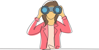 Single one line drawing young business woman looking through binoculars searching for job. Find all opportunities in the world of suitable jobs. Continuous line draw design graphic illustration png