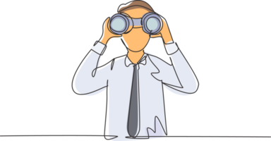 Single continuous line drawing young businessman looking through binoculars searching for job. Find all opportunities in the world of suitable jobs. One line draw graphic design illustration png