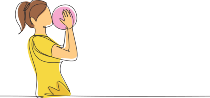 Single kontinuierlich Linie Zeichnung weiblich Fußball Spieler küssen Ball mit Stolz. glücklich Ausdruck im National Niveau Wettbewerb. Fachmann Spieler. einer Linie zeichnen Grafik Design Illustration png