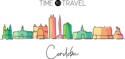 Single one line drawing Cordoba city skyline, Argentina. World historical town landscape. Best holiday destination postcard. Editable stroke trendy continuous line draw design illustration png