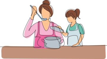 contínuo 1 linha desenhando pequeno filha segurando panela tampa e dela lindo mãe degustação Comida usando cozinhando colher. cozinhando juntos dentro cozinha. solteiro linha desenhar Projeto gráfico ilustração png