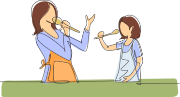 Single one line drawing cheerful mom and her little daughter singing while cooking together, using spatula and broccoli as microphones. Modern continuous line draw design graphic illustration png