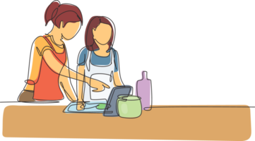 Continuous one line drawing happy mother and daughter cooking together while watching tutorial from tablet. Learn to cook with modern technology. Single line draw design graphic illustration png