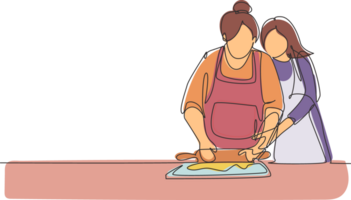 desenho de linha única contínua família feliz avó sogra e nora filha cozinham na cozinha, sove a massa e asse biscoitos. ilustração em vetor design gráfico dinâmico de uma linha png