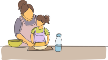 Single continuous line drawing beautiful young mom and her cute little daughter are playing and smiling while baking in kitchen at home. Dynamic one line draw graphic design illustration png