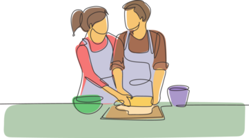 Single continuous line drawing romantic couple looking at each other while rolling soft dough during pastry preparation in cozy kitchen at home. Dynamic one line graphic design illustration png