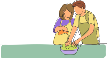 Single continuous line drawing beautiful young wife helping her husband make dough by adding olive oil. Pastry preparation in cozy kitchen at home. One line draw graphic design illustration png