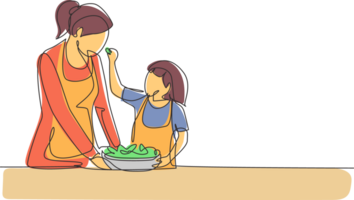 Single einer Linie Zeichnung Mutter Einspeisungen ihr wenig Tochter Essen und im Vorderseite von ihr ist Schüssel gefüllt mit Salat. Kochen zusammen im gemütlich Küche. kontinuierlich Linie zeichnen Design Grafik Illustration png