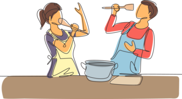 Continuous one line drawing happy romantic couple singing while cooking together, using spatula and broccoli as microphones. Kitchen fun concept. Single line draw design graphic illustration png