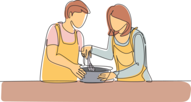 Single kontinuierlich Linie Zeichnung glücklich romantisch Paar kneten Kuchen Teig mit Handbuch Hand Rührgerät. genießen kneten Kuchen Teig zusammen beim heim. dynamisch einer Linie zeichnen Grafik Design Illustration png