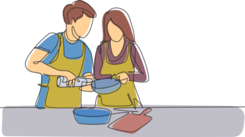 Continuous one line drawing happy romantic couple pour oil into pan which is being held by one of them. Cooking preparation in cozy kitchen at home. Single line draw design graphic illustration png