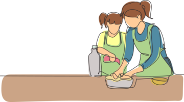 Célibataire un ligne dessin mignonne peu fille portion sa mère faire pâte par ajouter olive huile. Pâtisserie préparation dans confortable cuisine à maison. continu ligne dessiner conception graphique illustration png
