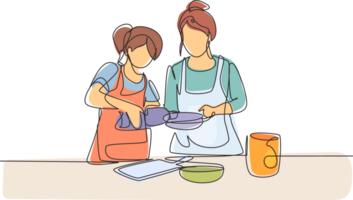 Célibataire un ligne dessin mère et fille verser pétrole dans la poêle lequel est étant tenue par un de eux. cuisine préparation dans confortable cuisine à maison. continu ligne dessiner conception graphique illustration png