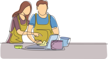 soltero uno línea dibujo contento romántico Pareja Cocinando juntos mientras acecho tutorial desde tableta. aprender a cocinar con moderno tecnología. moderno continuo línea dibujar diseño gráfico ilustración png