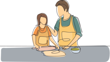 soltero uno línea dibujo contento padre y hija vistiendo delantal cocinar en cocina. disfrutando amasadura pastel masa o panadería juntos a hogar. moderno continuo línea dibujar diseño gráfico ilustración png