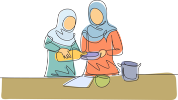 Single continuous line drawing Arabian mother and daughter pour oil into pan which is being held by one of them. Cooking preparation in cozy kitchen. One line draw graphic design illustration png