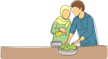 kontinuierlich einer Linie Zeichnung schön arabisch Ehefrau Portion ihr Mann machen Teig durch Hinzufügen Olive Öl. Gebäck Vorbereitung im gemütlich Küche beim heim. Single Linie zeichnen Design Grafik Illustration png