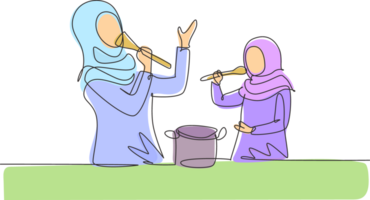 Continuous one line drawing cheerful Arabian mom and her little daughter singing while cooking together, using spatula and spoon as microphones. Single line draw design graphic illustration png