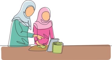 Single continuous line drawing Arabian mother and daughter cooking together while watching tutorial from tablet. Learn to cook with technology. Dynamic one line draw graphic design illustration png