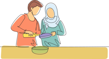 Continuous one line drawing romantic Arab couple pour oil into pan which is being held by one of them. Cooking preparation in cozy kitchen at home. Single line draw design graphic illustration png