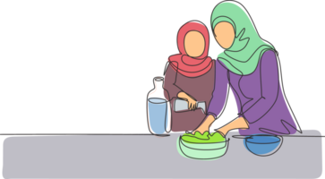 singolo continuo linea disegno arabo poco figlia porzione sua madre rendere Impasto di aggiungendo oliva olio. Pasticcino preparazione nel accogliente cucina a casa. uno linea disegnare grafico design illustrazione png