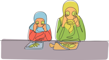 kontinuerlig ett linje teckning arab liten dotter och henne skön mamma är innehav skivor av gurka och leende medan matlagning i mysigt kök. enda linje dra design grafisk illustration png