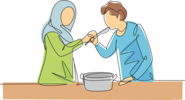 Single continuous line drawing Arab husband tasting food given by his young beautiful wife. Cooking for lunch together in cozy kitchen at home. Dynamic one line draw graphic design illustration png