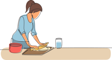 Single einer Linie Zeichnung jung Frau Herstellung Plätzchen Teig mit rollen Stift beim Küche Tisch. Herstellung Bäckerei und hausgemacht Pizza beim heim. modern kontinuierlich Linie zeichnen Design Grafik Illustration png