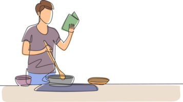 Single continuous line drawing young man cooking while reading book she is holding. Healthy food lifestyle concept. Cooking at home. Prepare food. One line draw graphic design illustration png