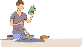 soltero continuo línea dibujo joven hombre Cocinando mientras leyendo libro ella es tenencia. sano comida estilo de vida concepto. Cocinando a hogar. preparar alimento. uno línea dibujar gráfico diseño ilustración png