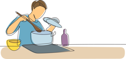 Célibataire un ligne dessin Beau mari profiter odeur de cuisine de pot. préparer nourriture à confortable cuisine. cuisine à maison. en bonne santé aliments. moderne continu ligne dessiner conception graphique illustration png