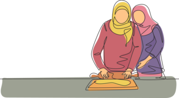 contínuo 1 linha desenhando feliz árabe família sogra e nora filha cozinhar dentro acolhedor cozinha, amassar massa e assar biscoitos. solteiro linha desenhar Projeto gráfico ilustração png