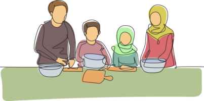 Single einer Linie Zeichnung schön jung arabisch Mama und ihr süß wenig Tochter sind spielen und lächelnd während Backen im Küche beim heim. modern kontinuierlich Linie zeichnen Design Grafik Illustration png