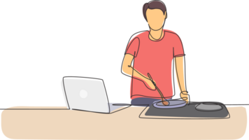 Single continuous line drawing man cooking dinner has video call conversation in kitchen. Male talking with friend using application on laptop. Dynamic one line draw graphic design illustration png