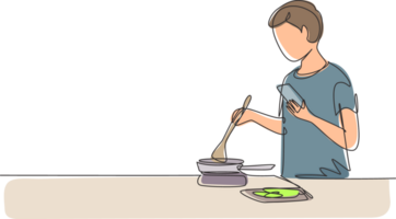 contínuo 1 linha desenhando bonito marido é cozinhando enquanto olhando às tutorial em Smartphone. aprender para cozinhar com moderno tecnologia. preparar Comida. solteiro linha desenhar Projeto gráfico ilustração png