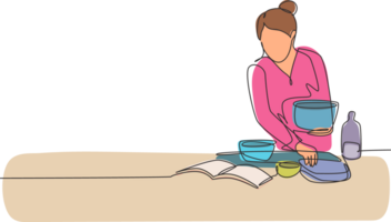 Single one line drawing beautiful woman cooking meal while reading tutorial book on cozy kitchen table at home. Healthy food lifestyle. Modern continuous line draw design graphic illustration png