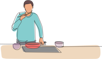 continu un ligne dessin Jeune Beau Masculin mélange tomate sauce, dégustation, et goût repas avec en bois spatule. préparer nourriture à confortable cuisine. Célibataire ligne dessiner conception graphique illustration png