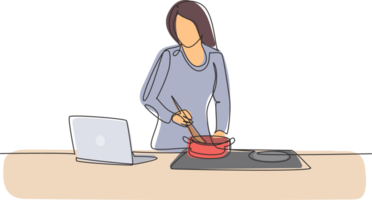 Continuous one line drawing woman cooking dinner has video call conversation in kitchen. Female talking with friend using application on laptop. Single line draw design graphic illustration png