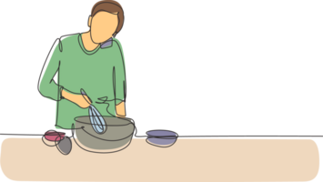 solteiro contínuo linha desenhando homem fala em Smartphone enquanto preparando jantar enquanto em pé dentro cozinha e amassar bolo massa usando manual mão misturador. 1 linha desenhar gráfico Projeto ilustração png