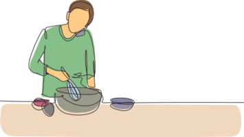 singolo continuo linea disegno uomo parla su smartphone mentre preparazione cena mentre in piedi nel cucina e impastare torta Impasto utilizzando Manuale mano miscelatore. uno linea disegnare grafico design illustrazione png