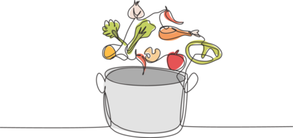 Single one line drawing pot is sprinkled with food ingredients such as vegetables, meat, onions, carrots, salt, pepper, and other spices. Modern continuous line draw design graphic illustration png