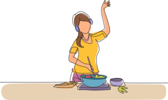 dessin au trait continu simple jeune femme cuisinant et écoutant de la musique dans la cuisine. illustration de nourriture saine. concept de mode de vie sain. cuisiner à la maison. préparer la nourriture. conception graphique de dessin en une ligne png