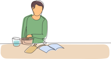 soltero continuo línea dibujo hermoso masculino Cocinando comida mientras leyendo tutorial libro en acogedor cocina mesa a hogar. sano comida estilo de vida. dinámica uno línea dibujar gráfico diseño ilustración png